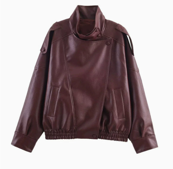 Veste en simili cuir pour femme avec un col montant