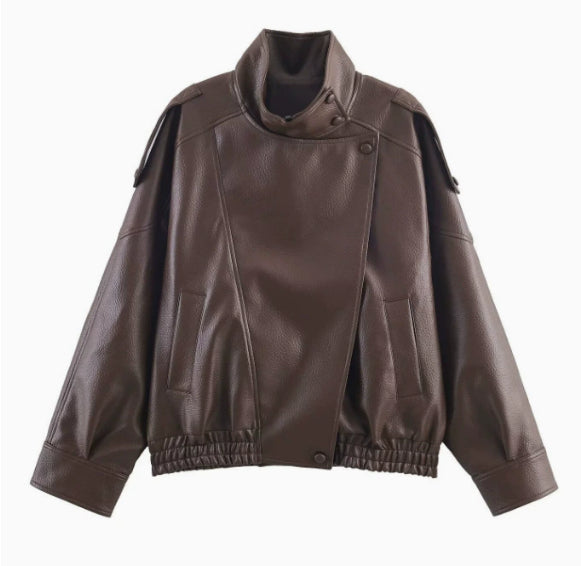 Veste en simili cuir pour femme avec un col montant