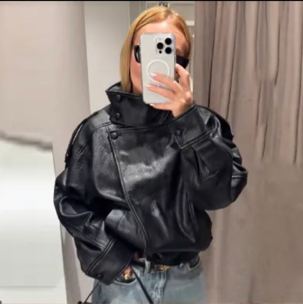 Veste en simili cuir pour femme avec un col montant