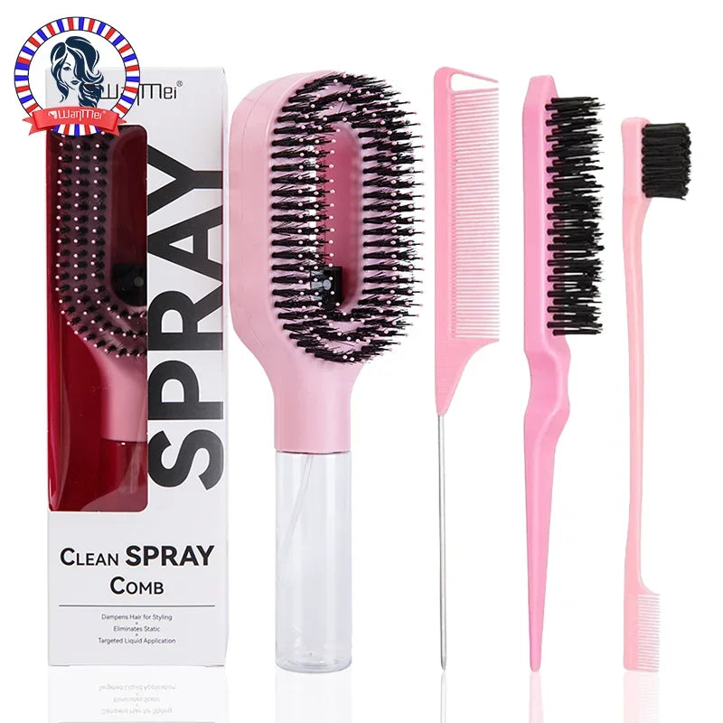 Ensemble de coiffage 4 pièces 2-en-1 pour le démêlage et l’hydratation : Brosse de contrôle des bords du peigne de massage incurvé