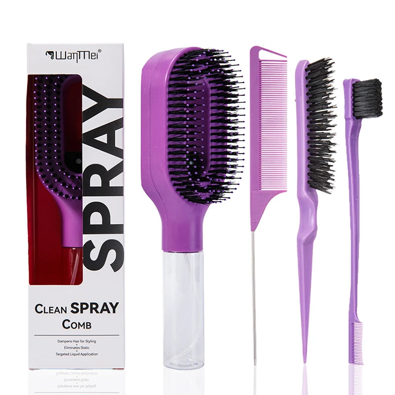 Ensemble de coiffage 4 pièces 2-en-1 pour le démêlage et l’hydratation : Brosse de contrôle des bords du peigne de massage incurvé