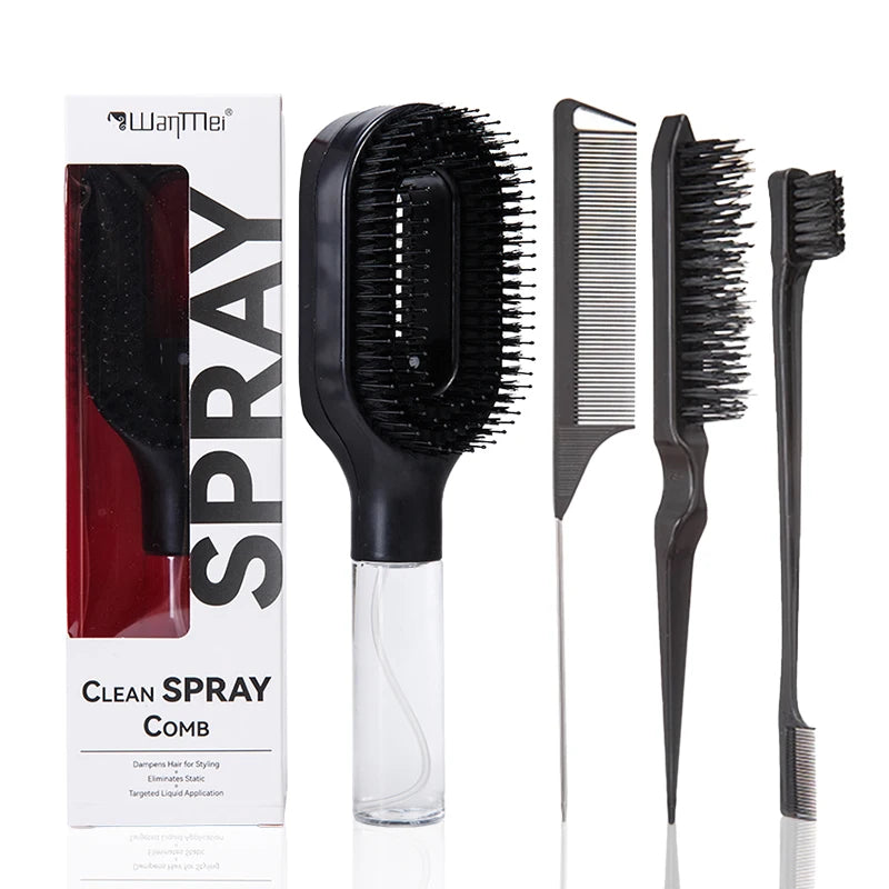 Ensemble de coiffage 4 pièces 2-en-1 pour le démêlage et l’hydratation : Brosse de contrôle des bords du peigne de massage incurvé