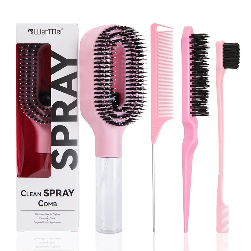 Ensemble de coiffage 4 pièces 2-en-1 pour le démêlage et l’hydratation : Brosse de contrôle des bords du peigne de massage incurvé