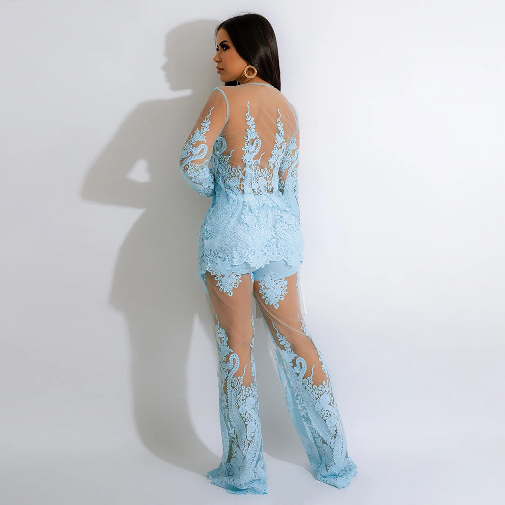 Ensemble de pantalons larges à manches longues et brodés pour femmes